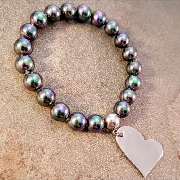 New Iridescent Stainless Steel Beaded  Asymmetrical Heart Bracelet - Picture 4 of 9